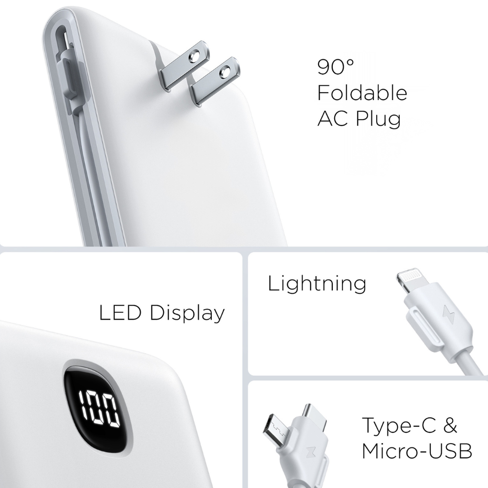 Zenith 10,000 mAH Power Bank with Retractable AC Wall Plug